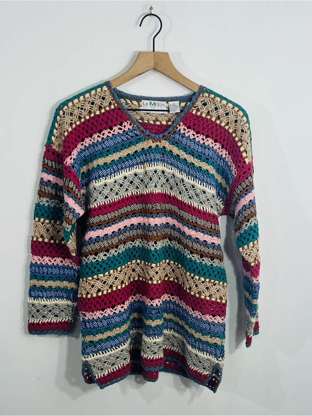 Le Moda Knitwear Crocheted By Hand Multicolor Gorgeous Pullover V Neck Sweater